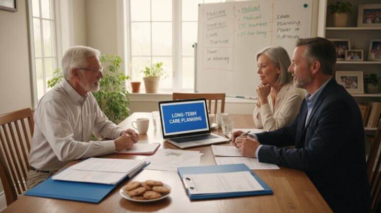 Family discussing long-term care planning options with a financial advisor at home.