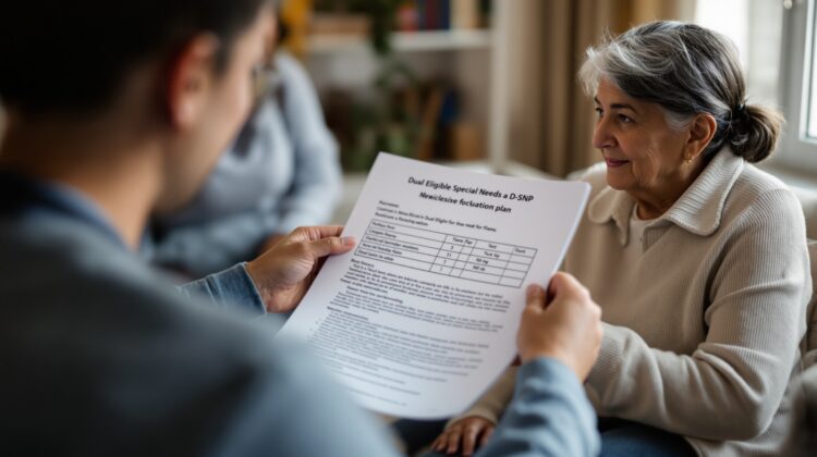 Medicare beneficiary and caregiver reviewing D-SNP plan information with an insurance advisor.
