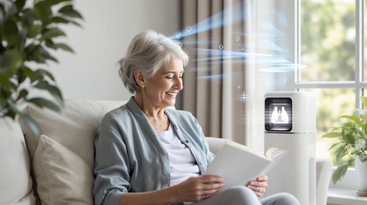 Senior using a home air purifier for respiratory health while reviewing Medicare coverage options.