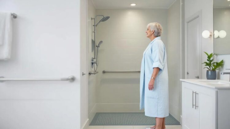 Senior woman using a grab bar in a modern bathroom to prevent falls, representing Medicare coverage for safety devices.