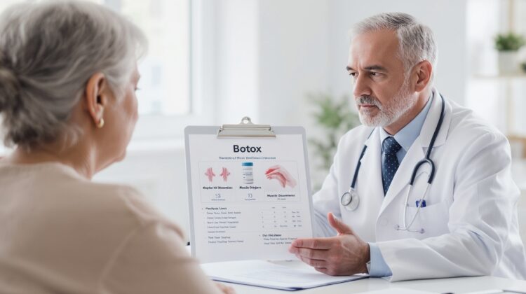 Senior patient discussing medically necessary Botox treatment options with a healthcare provider.