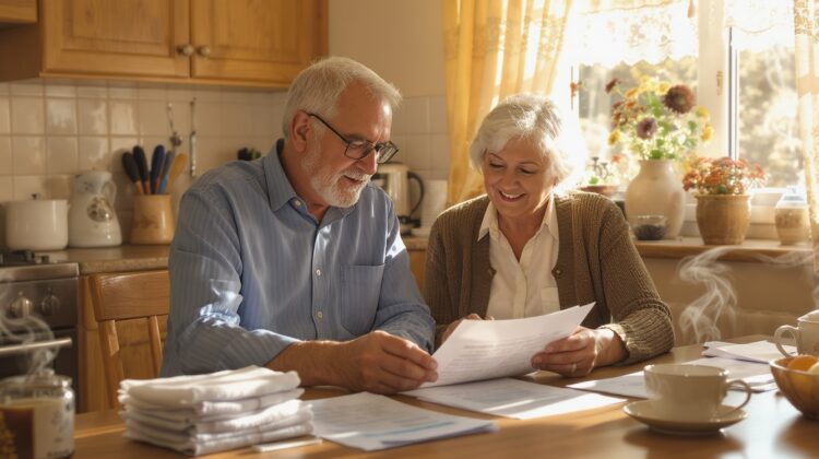 An elderly couple discussing retirement plans at a kitchen table with financial documents.