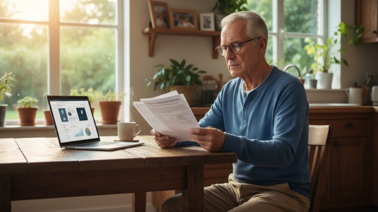 A senior veteran reviewing healthcare documents at a kitchen table with a laptop and coffee.
