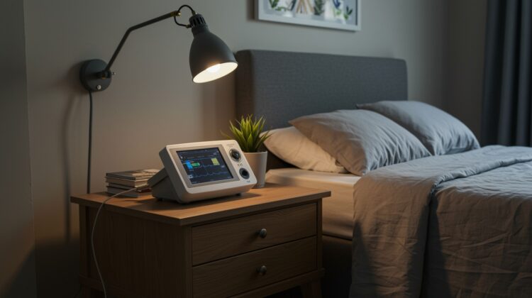 A serene bedroom with a bed, bedside table, and a sleep study device, designed to promote a restful environment.