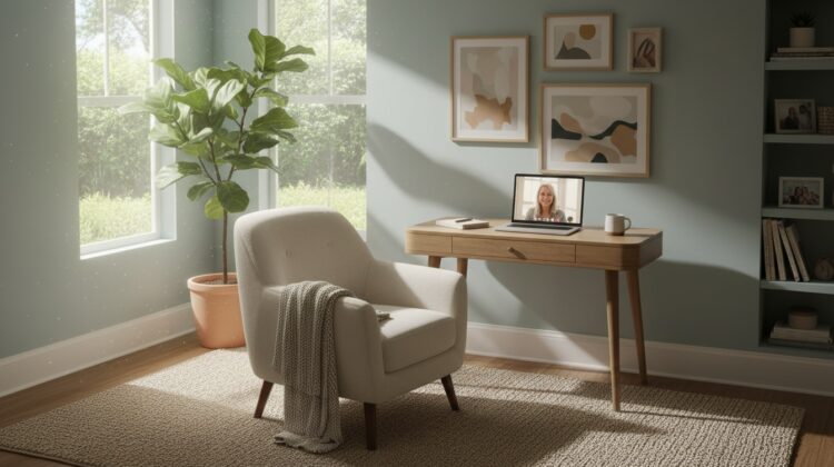 A cozy home office with a desk, laptop, and a chair, illuminated by natural light from a window, creating a peaceful environment for mental health discussions.