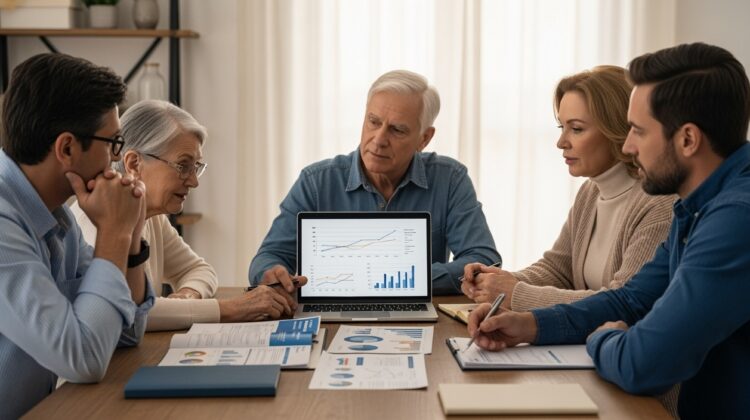 A family discussing financial planning for long-term care in a cozy living room, with documents and a laptop on the table.