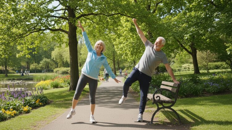 An elderly couple walking in a park, smiling and engaging in light exercise surrounded by greenery.