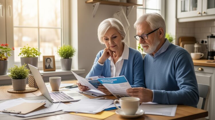 A senior couple discussing Medicare Advantage plans at a kitchen table with brochures and a laptop.