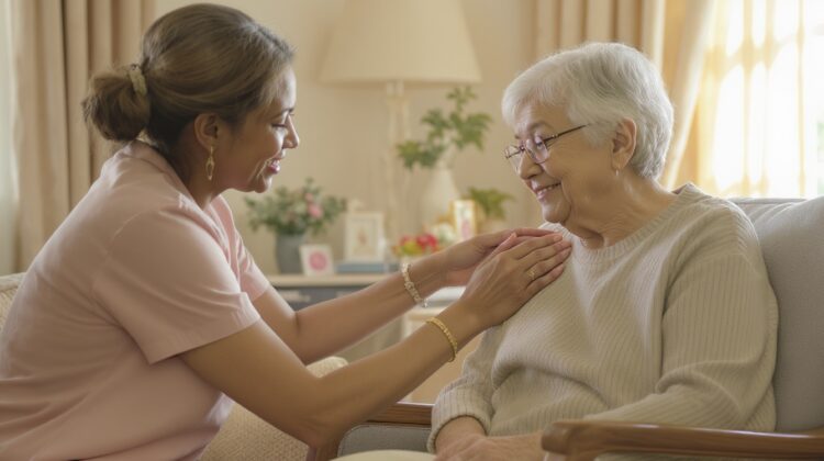 Caregiver assisting a senior woman with dementia in an assisted living community.