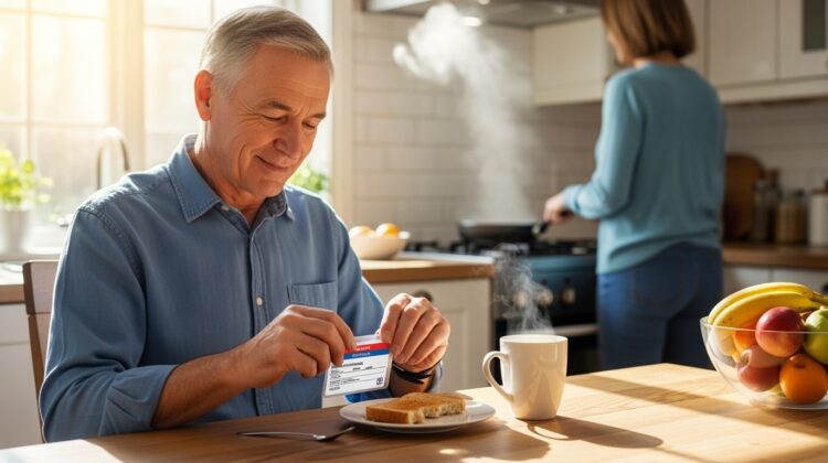 A man sitting at his kitchen table is inserting his Medicare card into a plastic sleeve for protection.