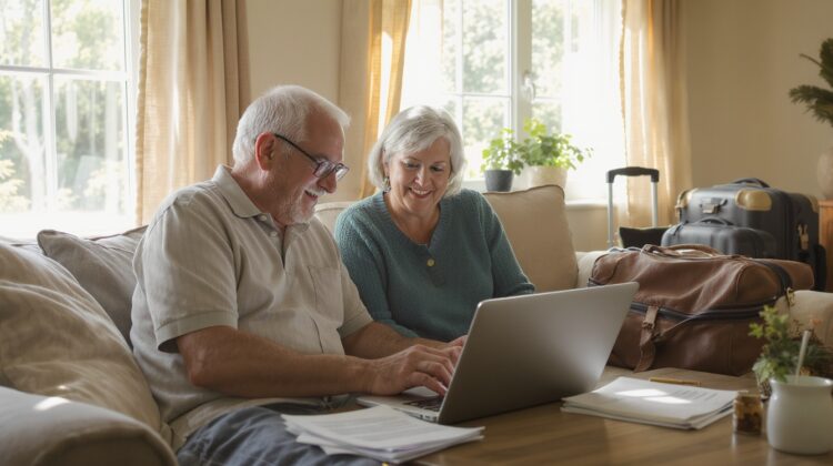 Retired couple reviewing Medicare coverage documents while preparing to travel between homes in two states.