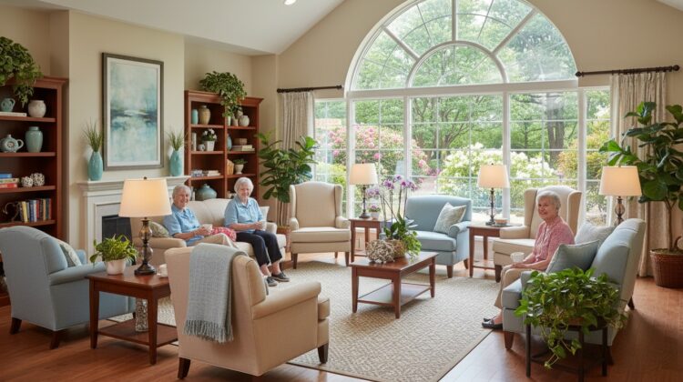 A cozy common area in a long-term care facility with comfortable seating and natural light.