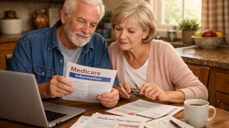 A senior couple reviewing Medicare documents at a kitchen table with a laptop and notepad.