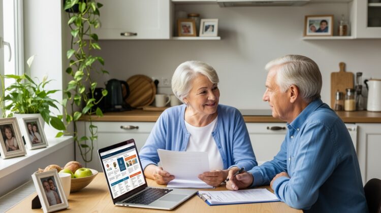 A senior couple discussing Medicare Advantage plans at a kitchen table with a laptop and documents.