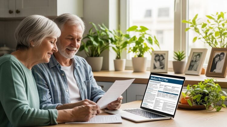 A senior couple reviewing Medicare Part D plan documents at a kitchen table with a laptop open in front of them.