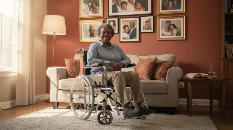 A senior person in a manual wheelchair in a cozy living room, surrounded by personal items that suggest comfort and independence.