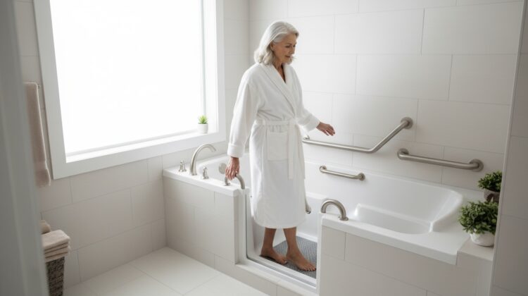Senior woman safely entering a modern walk-in bathtub with grab bars, representing Medicare coverage and home safety benefits.