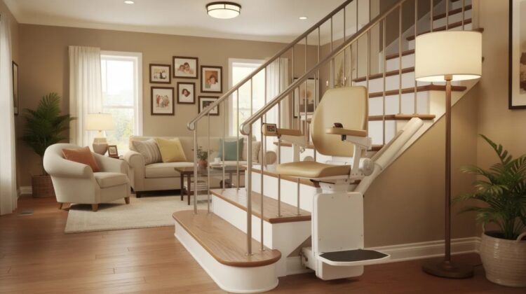 A stair lift installed on a staircase in a home, demonstrating accessibility features for seniors.