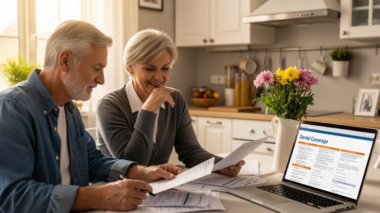 A senior couple examining Medicare plan documents at a kitchen table with a laptop open, discussing dental coverage options.