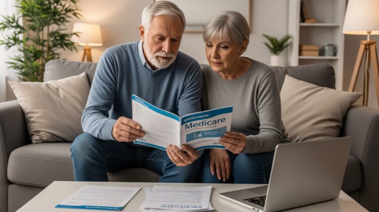 A senior couple discussing Medicare coverage in a living room, with a brochure and documents on the table.