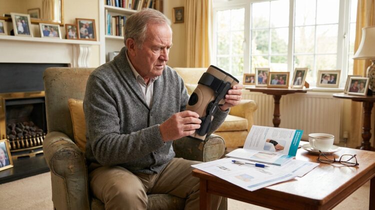 A senior person in a living room looking at a knee brace on a table, with medical documents and a pen nearby.