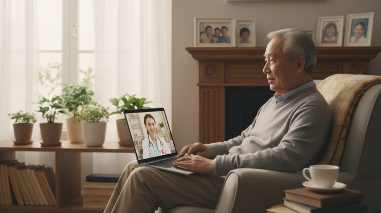 A senior person participating in a telehealth consultation at home using a laptop.