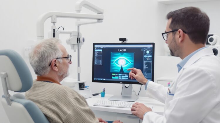 Senior patient consulting with an ophthalmologist about LASIK eye surgery in a modern eye clinic.