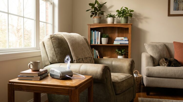 A nebulizer placed on a side table in a well-lit living room, with health-related books on a shelf in the background.