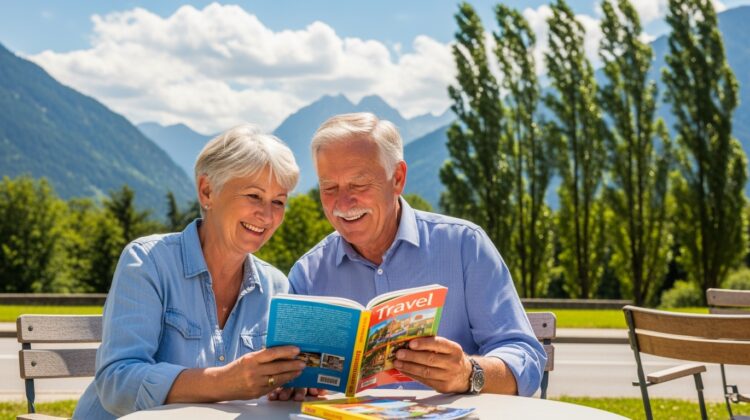 A senior couple at an outdoor café table, looking at a travel guidebook with a scenic landscape in the background.