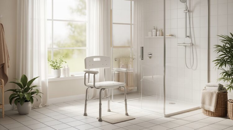 A shower chair positioned in a well-lit bathroom, showcasing its safety features and design for senior use.