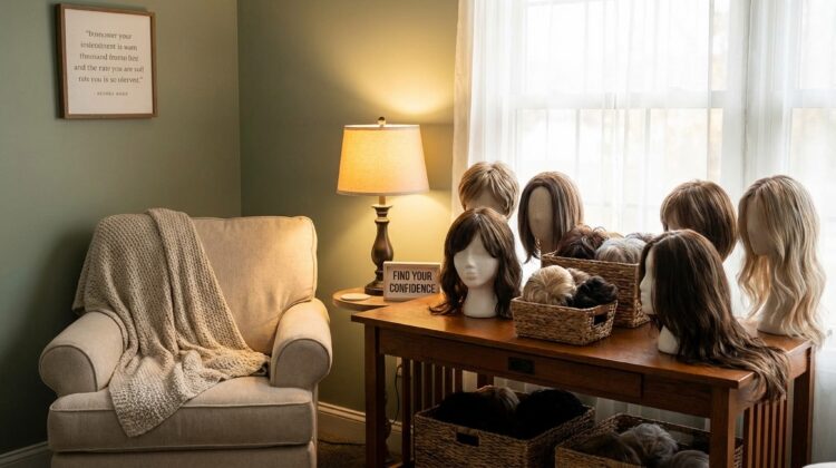 A cozy room with a comfortable chair and a table displaying various wigs, creating a supportive atmosphere for individuals experiencing hair loss.