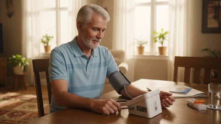 Senior patient using a digital blood pressure monitor at home, representing Medicare coverage for medically necessary monitoring equipment.