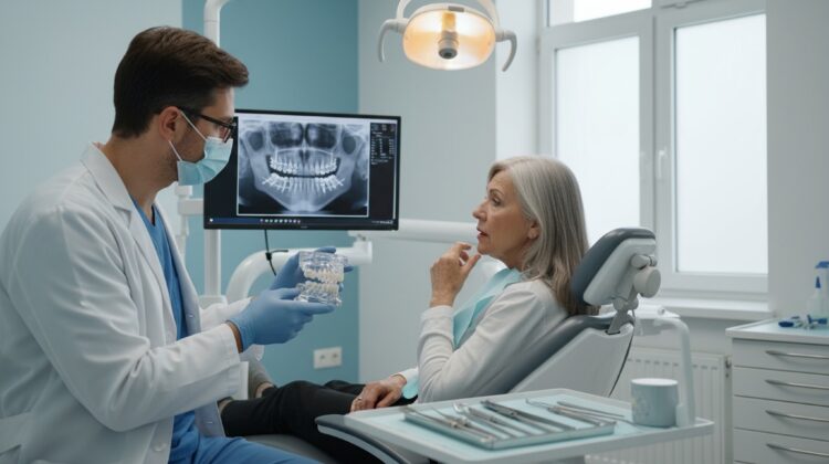 Older Medicare patient meeting with an oral surgeon about medically necessary orthodontic treatment.