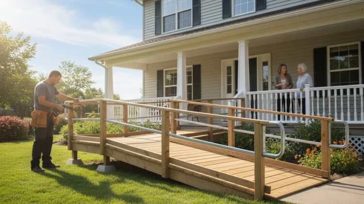 Contractor installing a wheelchair ramp outside a Medicare beneficiary’s home.