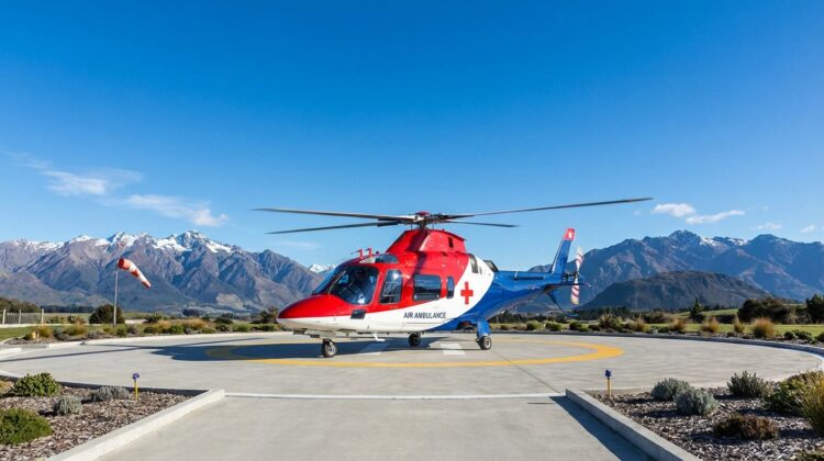 A modern air ambulance helicopter on a helipad with a clear sky in the background.