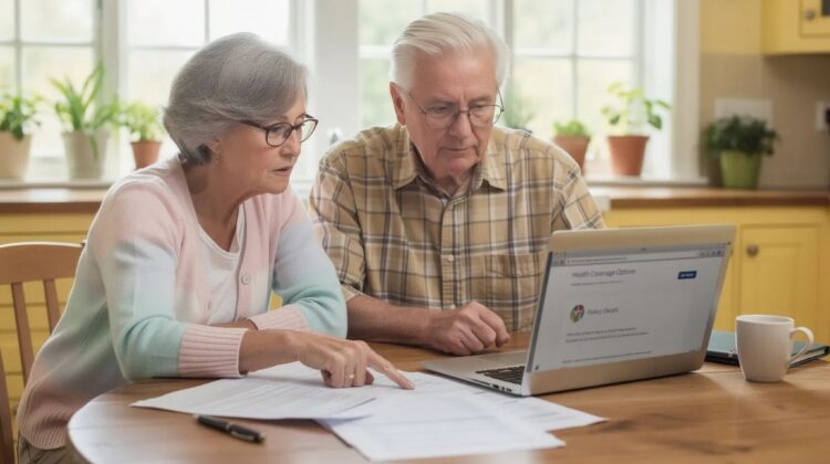 An elderly couple discussing health insurance documents at a kitchen table with a laptop open in front of them.