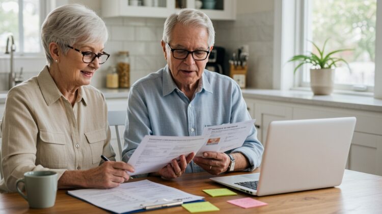 A senior couple discussing Medicare coverage options at a kitchen table with a laptop and notepad.