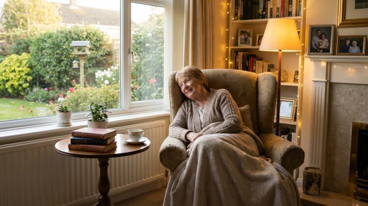 A senior individual sitting in a cozy living room, surrounded by warm decor and a view of a garden outside.