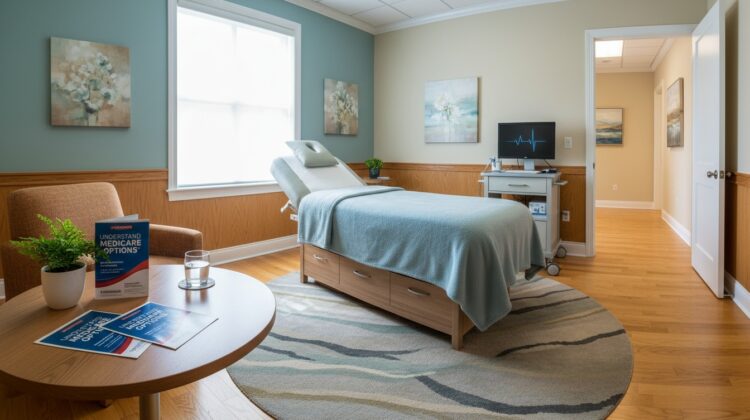 A bright and inviting examination room with medical equipment and informational brochures about Medicare coverage on a table.