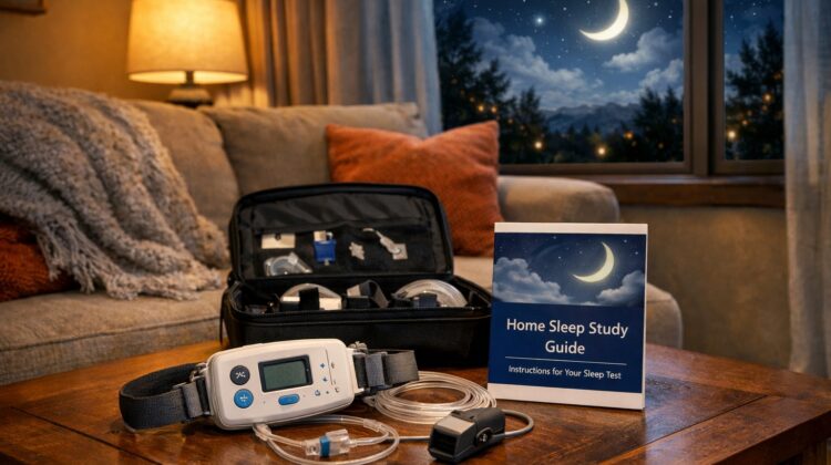 A home sleep study kit placed on a coffee table in a cozy living room, with a comfortable couch and a night sky visible through a window.