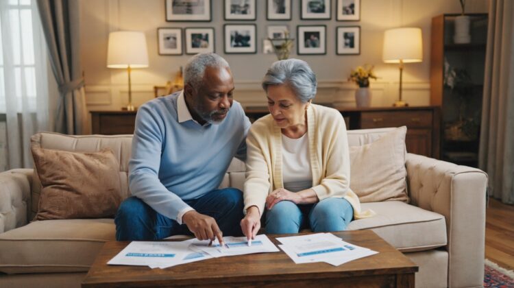 A senior couple discussing Medicare coverage in a comfortable living room setting.