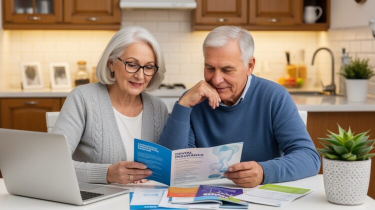 A senior couple discussing dental insurance options at a kitchen table with brochures and a laptop.