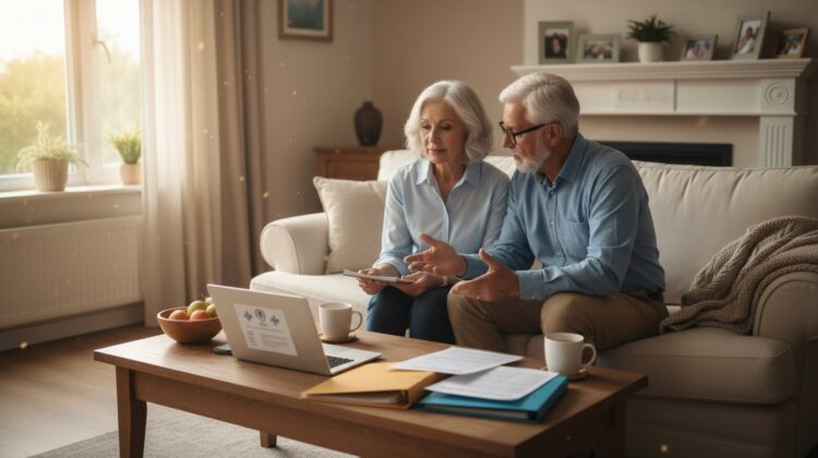 A senior couple discussing healthcare options at home with a laptop and medical documents.