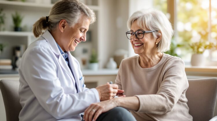 Doctor performing an allergy skin test on a senior patient’s arm in a bright clinic, representing Medicare coverage for medically necessary testing.