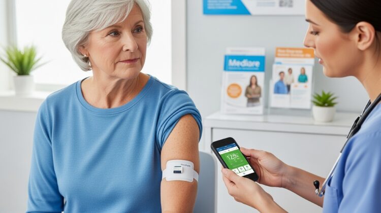 Senior patient discussing Freestyle Libre continuous glucose monitor options with a healthcare provider.