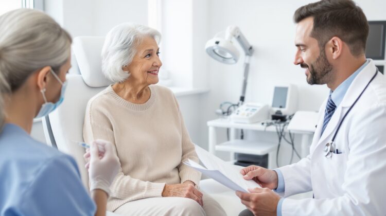 Senior patient discussing Prolia osteoporosis treatment with a healthcare provider preparing an injection.