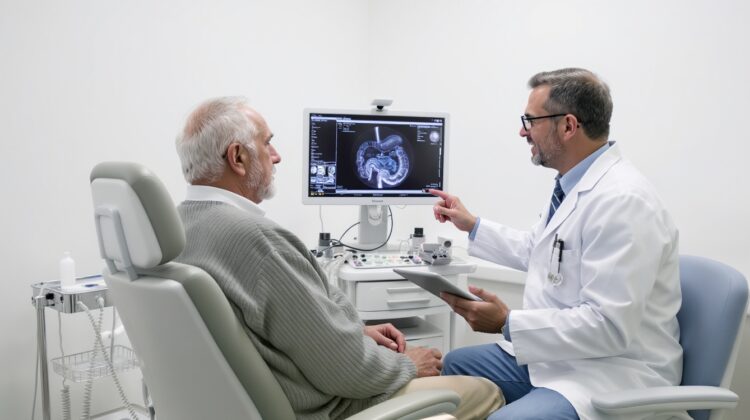 Medicare patient consulting with a gastroenterologist about endoscopy coverage and procedure details.