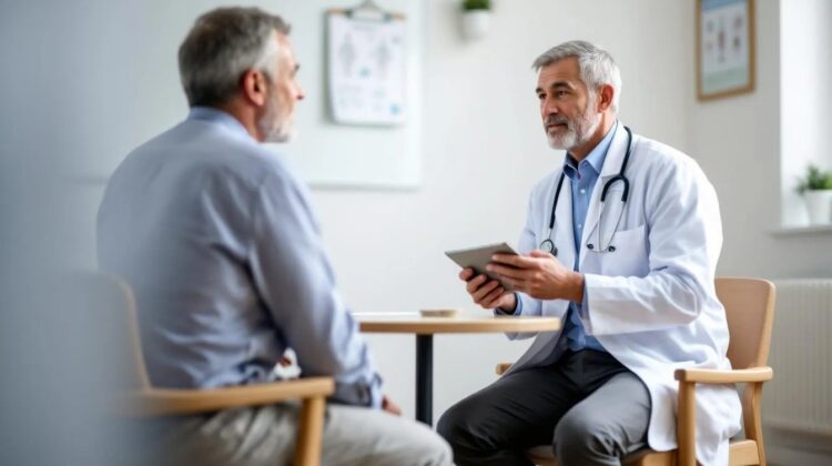Doctor discussing vasectomy options with a patient in a clinical setting.