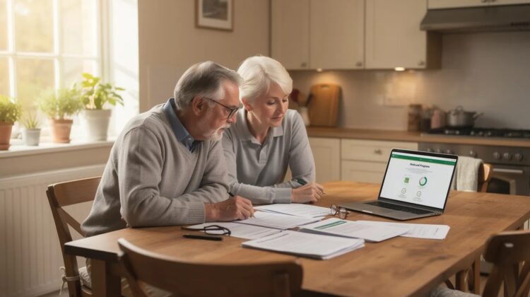 A senior couple discussing healthcare documents at a kitchen table with a laptop open showing Medicaid information.