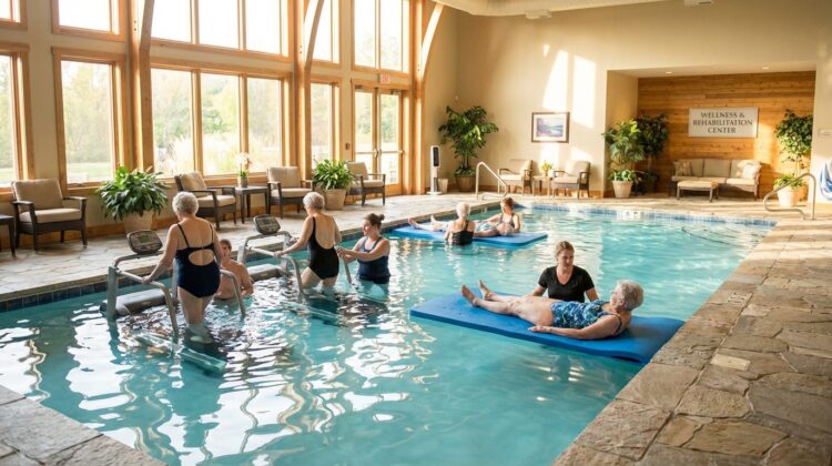 An indoor swimming pool with exercise equipment for aquatic therapy, featuring calm water and natural light.